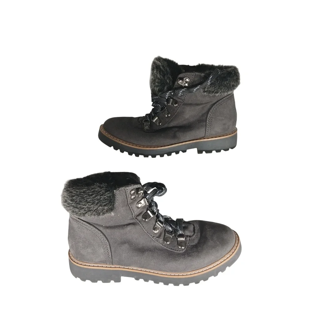 ana A New Approach Womens Grey Faux Suede Faux Fur Trim Hiking Boots Size‎ 6